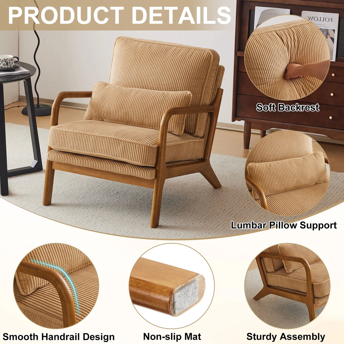 Ktaxon Accent Chair Corduroy Upholstered Armchair, Reading Club Chair with Pillow and Solid Wood Frame for Living Room Bedroom Furniture Off White