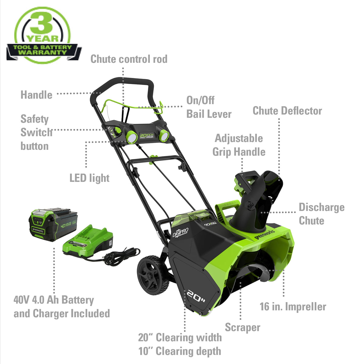 Greenworks 40V 20′′ Cordless Brushless Snow Blower with 4.0 Ah Battery & Charger, LED Lights, 180° Chute