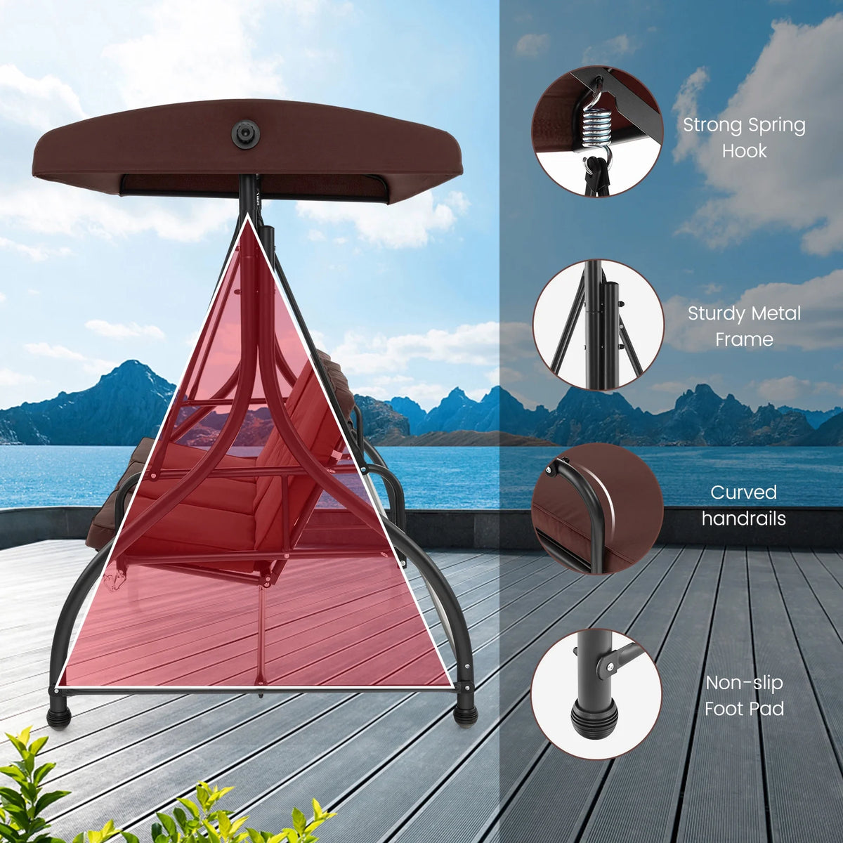 Costway 3-Seat Outdoor Converting Patio Swing Glider Adjustable Canopy Porch Swing Black