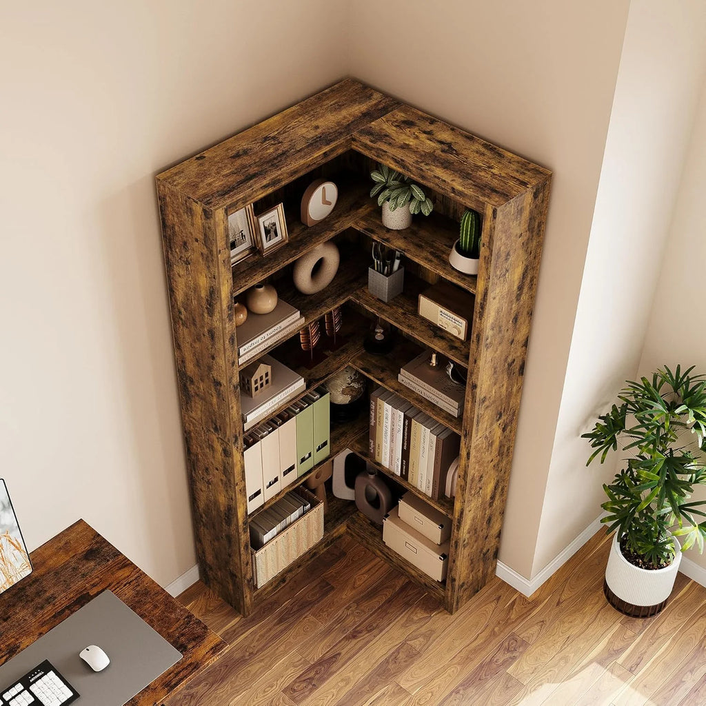 Studyset Corner Bookshelf Farmhouse Corner Bookcase 71.8'' Tall Bookcase, L-Shaped Large Display Shelf 5 Tier L-Shaped Bookshelf Large Shelf w/Anti-Tipping Kit, Bookcases with Storage Heavy Duty