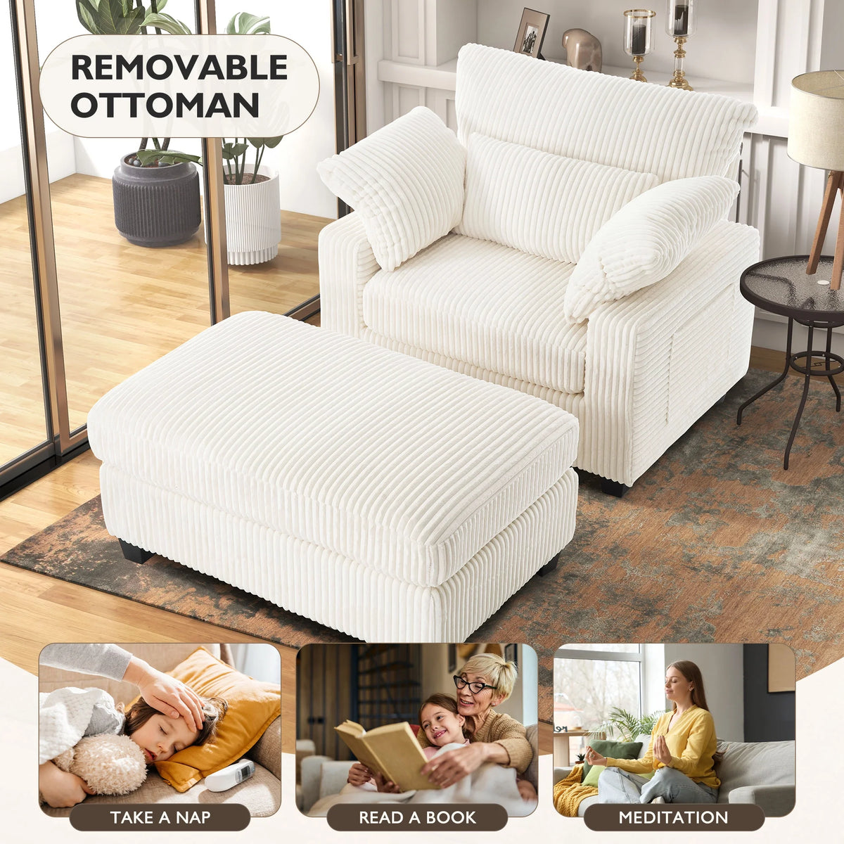 BedLuxury Oversized Accent Chair with Ottoman for Living Room,  Single Sleeper Sofa Armchair with 3 Pillows, Lounge Sofa Bed, Green