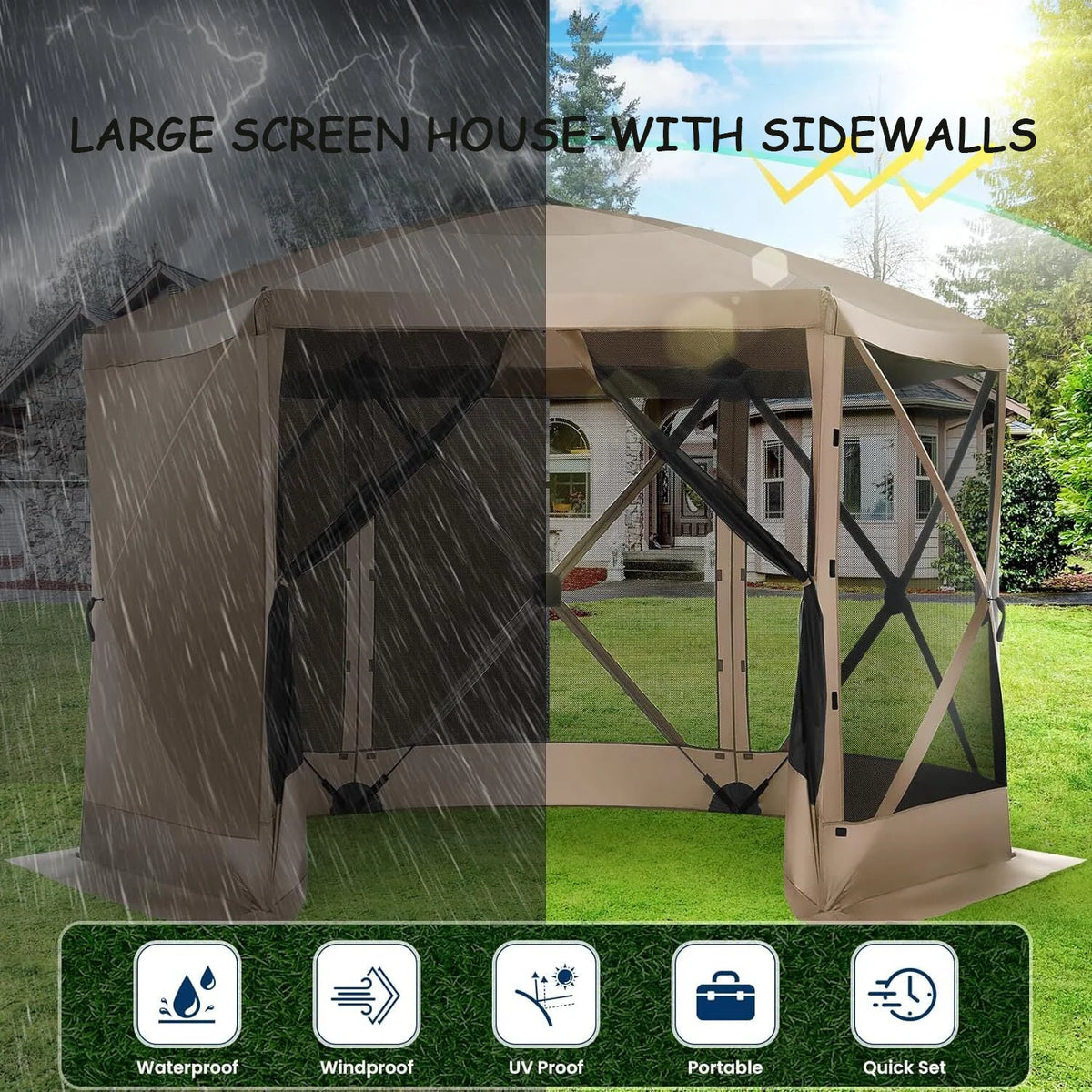 COBIZI 12x12 Pop Up Canopy Gazebo, Outdoor Canopy Tent Screen House with 5 sidewalls and Netting for Camping, Waterproof, UV Resistant, Ez Set-up Party Tent with Carrying Bag and Ground Stakes,Brown