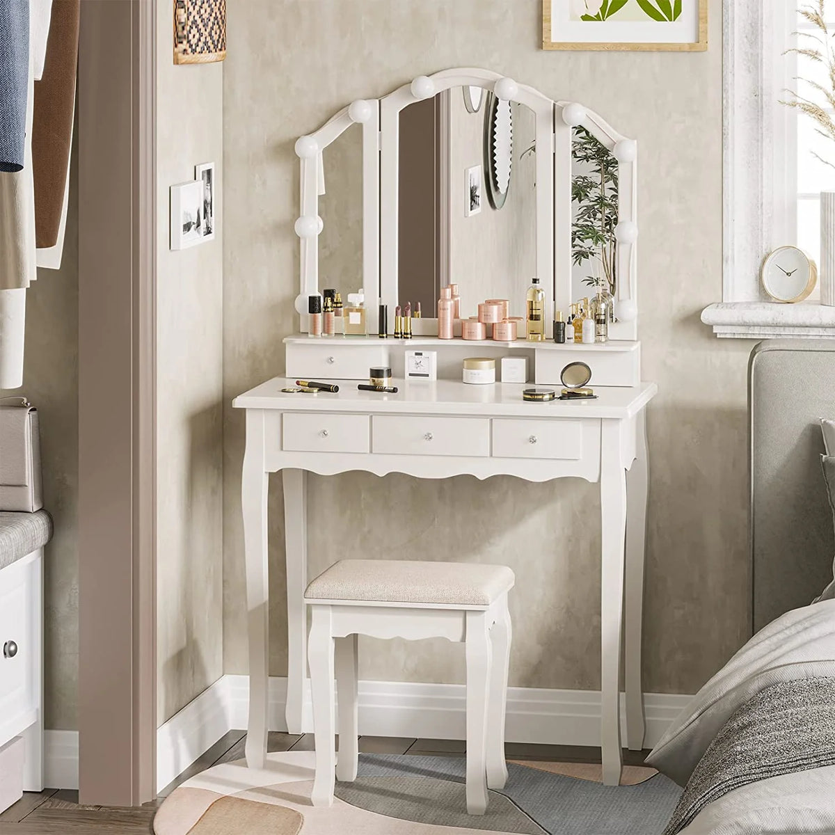 Afuhokles Vanity Table Set with Lighted Tri-Fold Mirror and Stool, Makeup Vanity Dressing Desk 5 Drawers, White