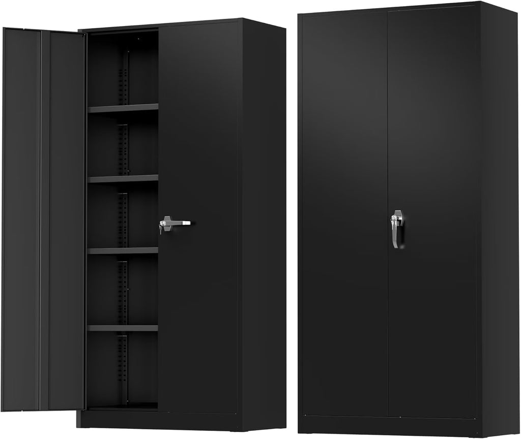 SOLAURA 72 inches Tall Metal Garage Storage Cabinets, Lockable Steel Storage Cabinet with Doors and Adjustable Shelves for Office, Home, Shops, Garage, Assembly Required, Black