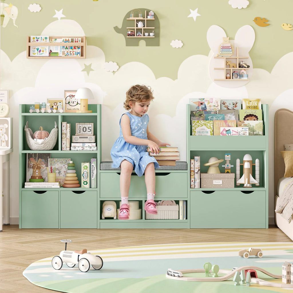 Hiphuta 72"Wide Kids Bookcase with Reading Nook and Under Bench Storage, Wooden Toy Storage Organizer & Book Rack for Kids Room, White