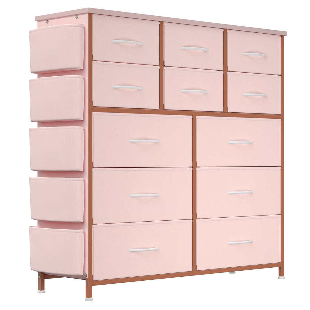 KATIDAP Dresser for Bedroom with 12 Drawer, Dressers & Chests of Drawers for Hallway, Entryway, Storage Organizer Unit with Fabric, Sturdy Metal Frame, Wood Tabletop, Easy Pull Handle,Pink
