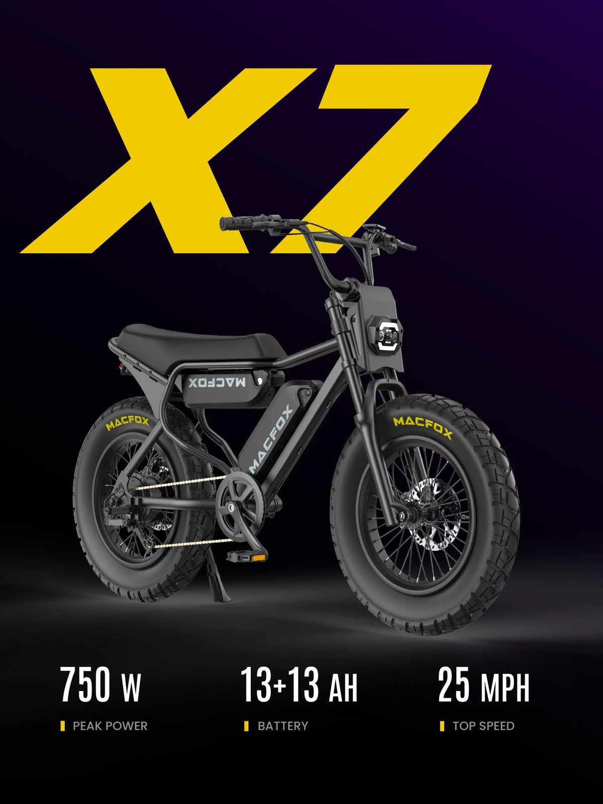 MACFOX X7 Adult Electric Bike, 750W E-Bike, 25 MPH, 48V 13Ah removable battery, 35-mile range, hydraulic brakes, upgraded 20x5.0 wide rear tire.