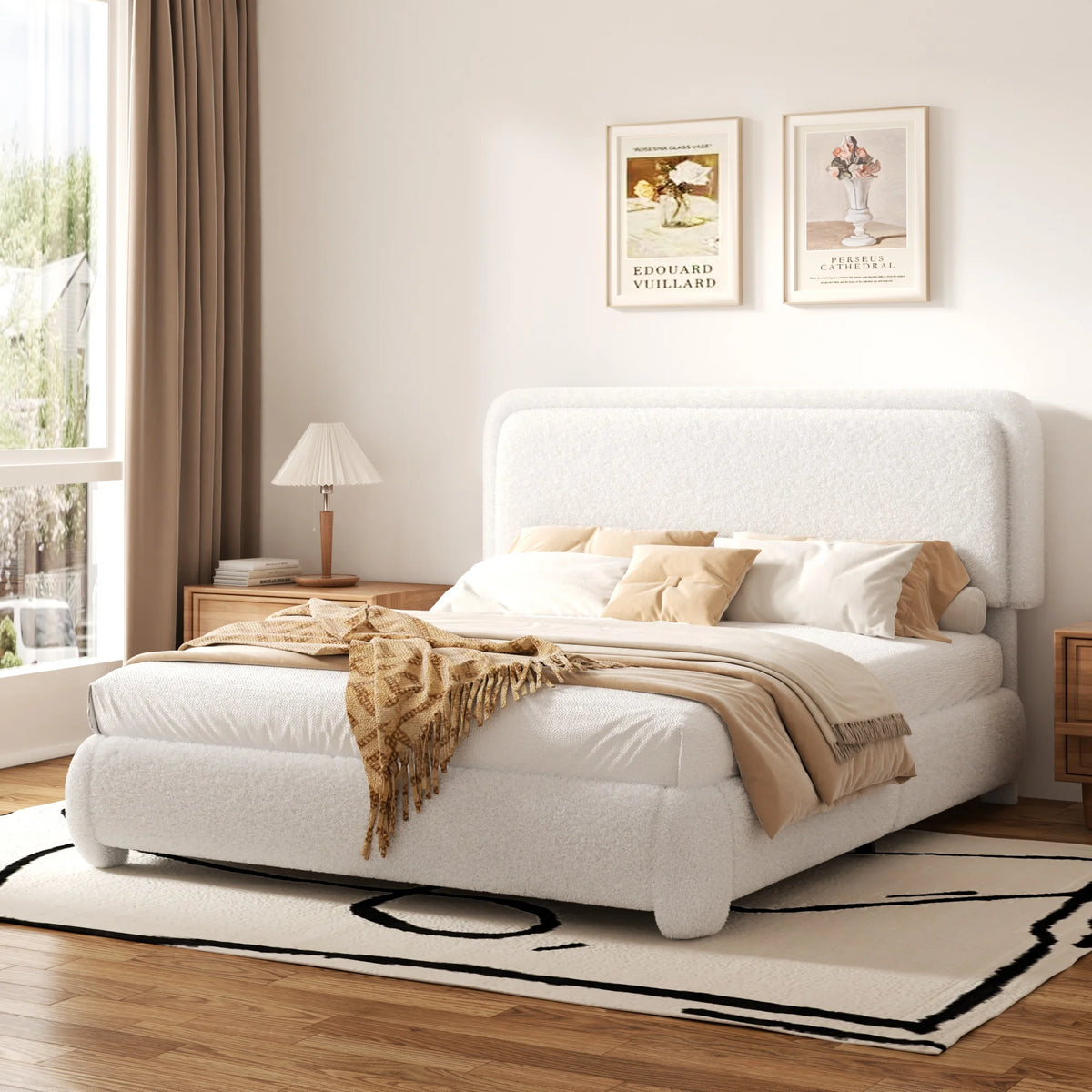 VIPLOV King Size Boucle Bed Frame, Cloud Upholstered Platform Bed with Height Adjustable Headboard & Soft Rounded Corners, No Noise Free, Easy Assembly,Beige