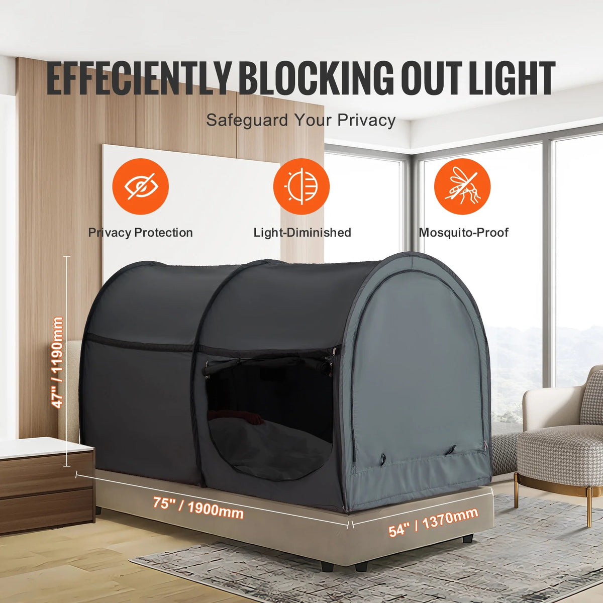 KFFKFF Sleep Canopy, Soft Pongee Material, Quad-Entry, Airy Privacy Pod with Thin Fiber Rods, Full-Sized Light-Blocking Bed Shelter, Suitable for Adult Resting Space