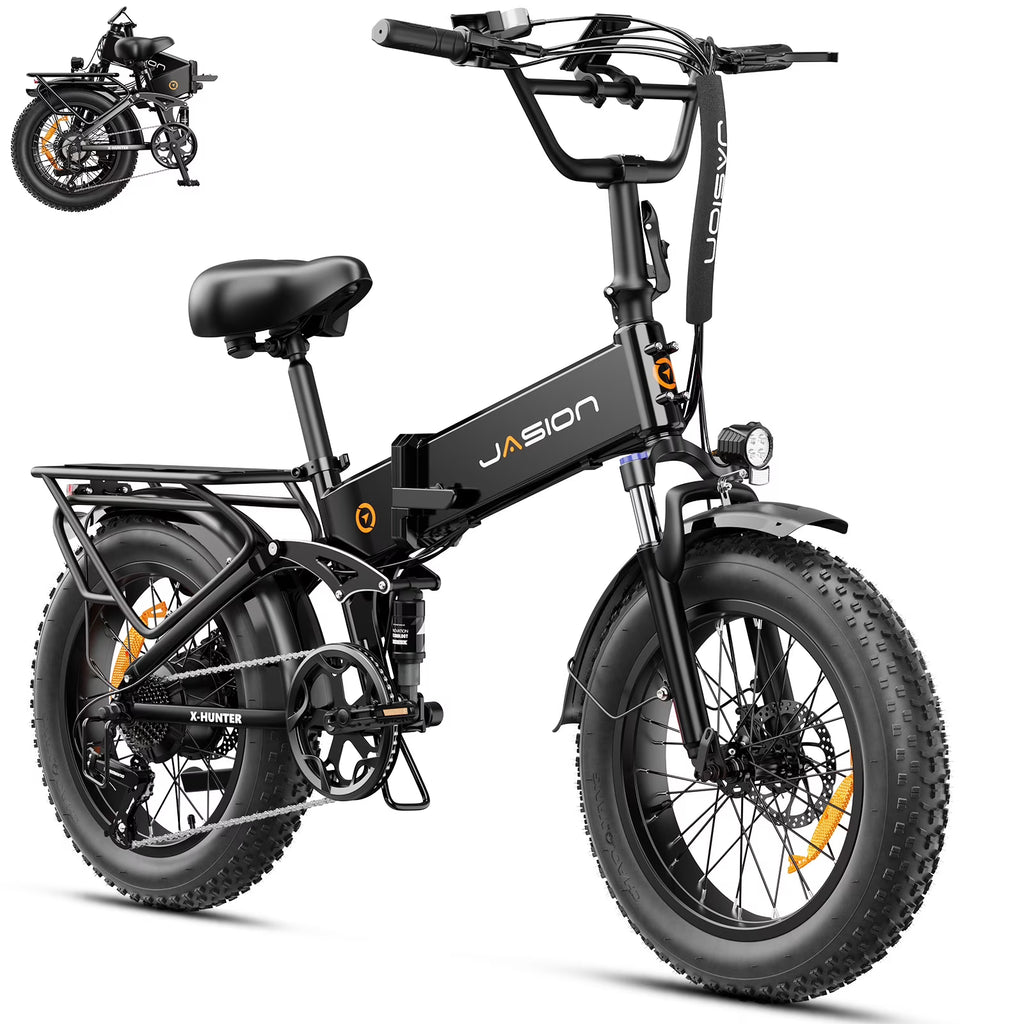 Jasion X-Hunter Electric Bike for Adults, 750W Motor Electric Bicycle with 48V 13AH Removable Battery, 20" x4.0 Fat Tire Folding Ebike, Full Suspension, 7-Speed Bicycles