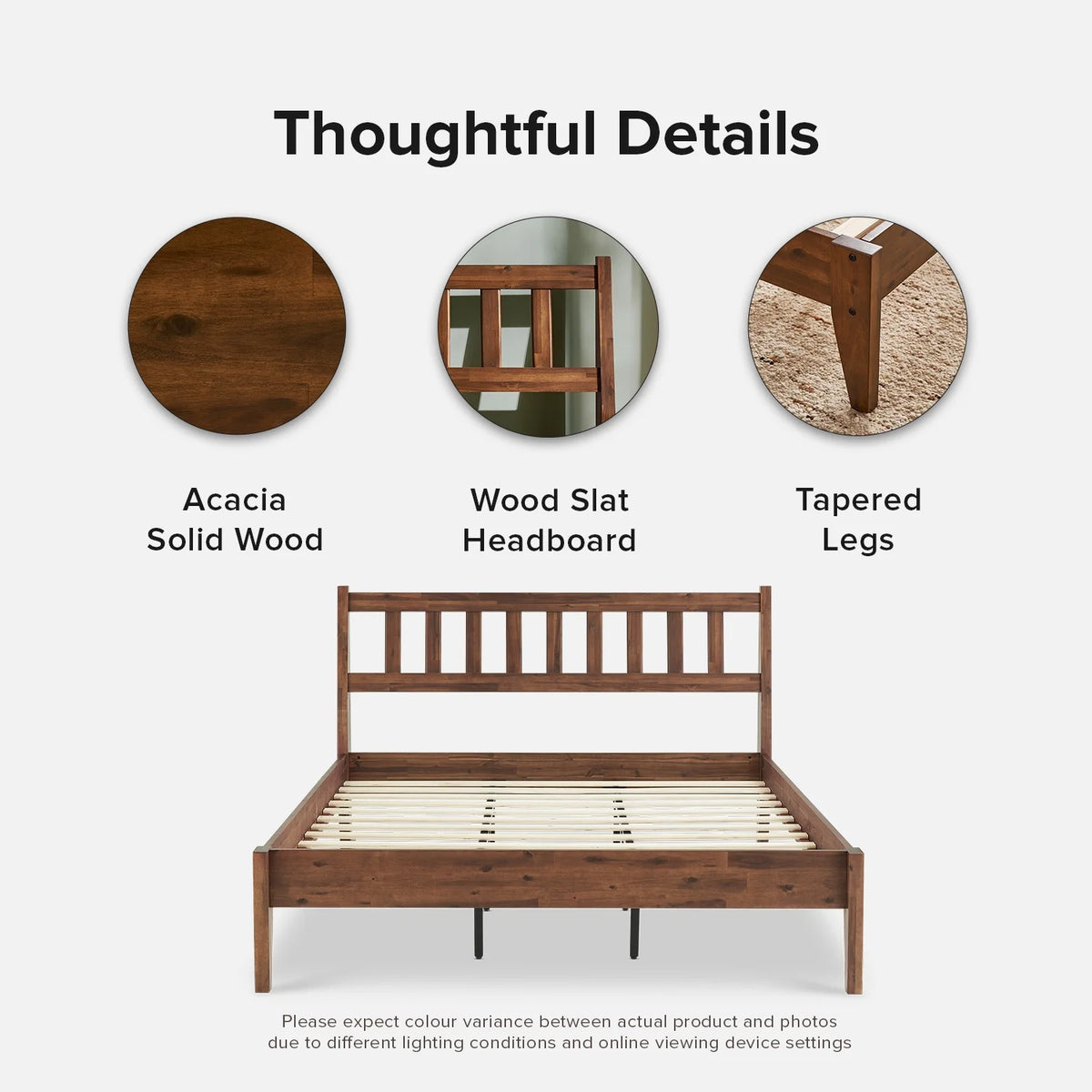 Mopio Ted Queen Bed Frame with Headboard, Full Size Bed Frame, Mid Century Modern Acacia Solid Wood Platform Bed Frame, Wooden Bed Slats, No Box Spring Needed, Double Metal Bar Support, Walnut