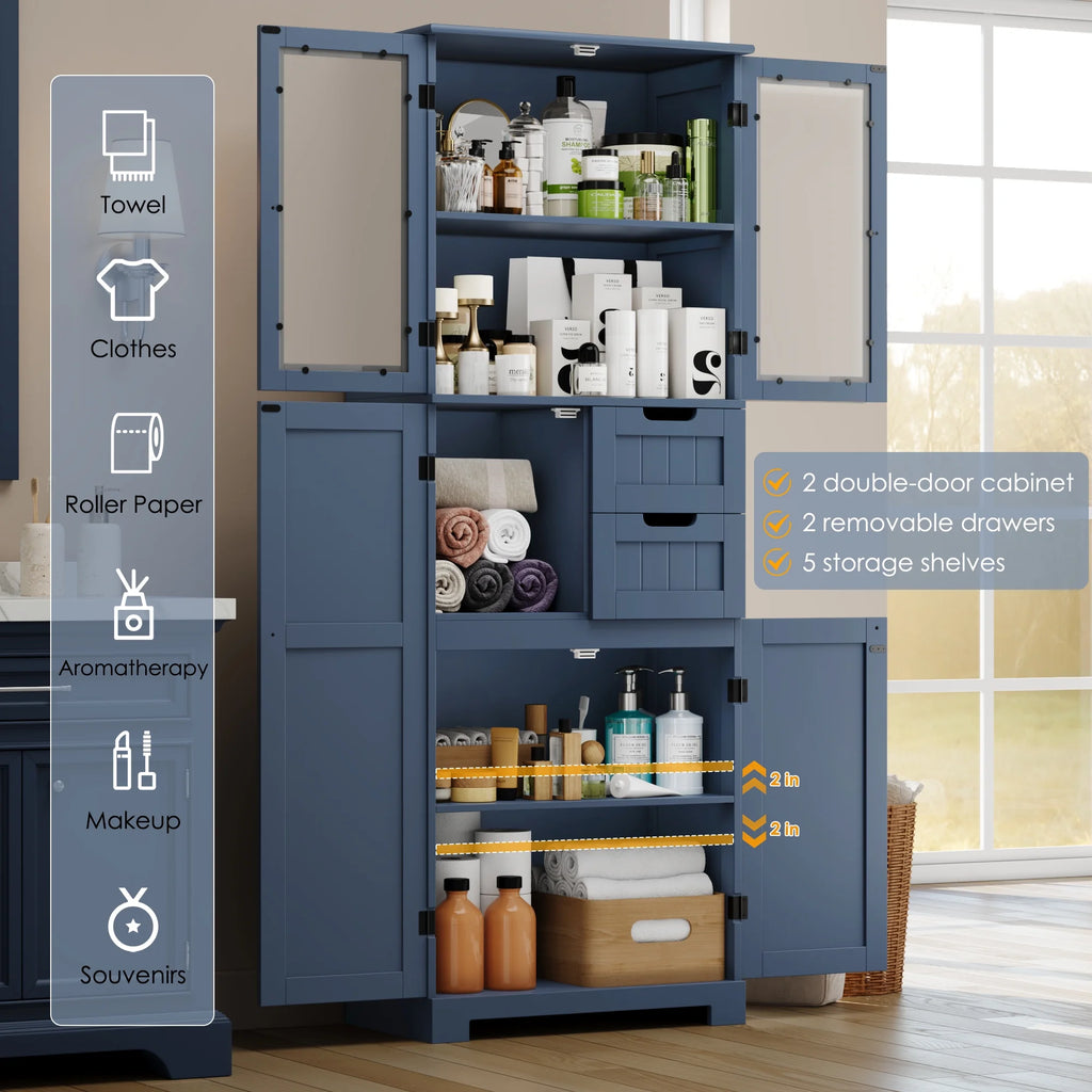 Homfa 67" Tall Bathroom Cabinet, White Linen Cabinet with Doors and Removable Drawers, Kitchen Cupboard