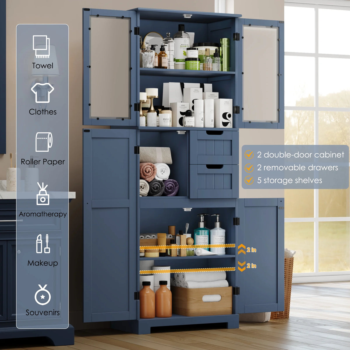 Homfa 67" Tall Bathroom Cabinet, White Linen Cabinet with Doors and Removable Drawers, Kitchen Cupboard