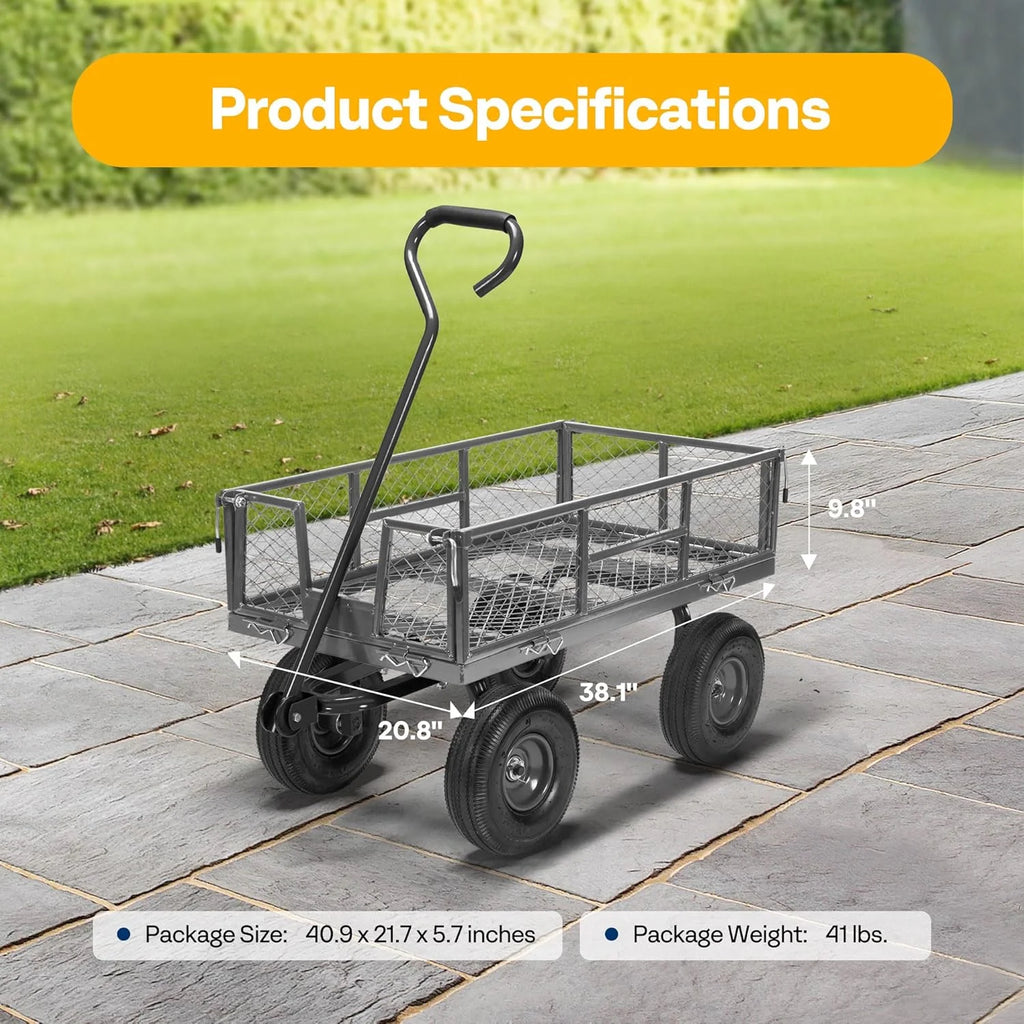 SPECSTAR Mesh Steel Garden Cart 880 lbs Capacity, 38" x 21" Folding Utility Wagon with 10 Inch Wheels