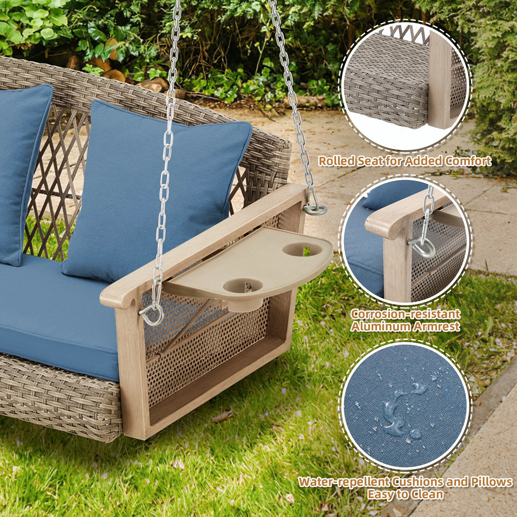 Homrest 3-Person Porch Swing 55in Wicker Hanging Swing Bench with Cushions and Cupholders for Deck, Garden and Backyard, Beige