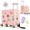 Advwin Ride-On Kids Luggage with Pull Strap, Footrests, Cup Holder, 6 Wheels & Adjustable Handle, 18-Inch Spinner Suitcase with Stickers & Boarding Pass, Pink