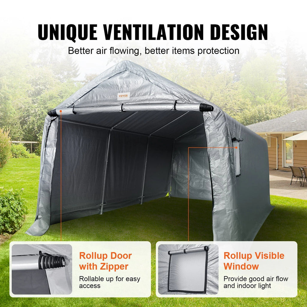 10x15x8ft Heavy Duty Portable Garage Tent Canopy Carport with Roll-up Zipper Door & Ventilated Windows for Car, Motorcycle, Bike, Outdoor Storage