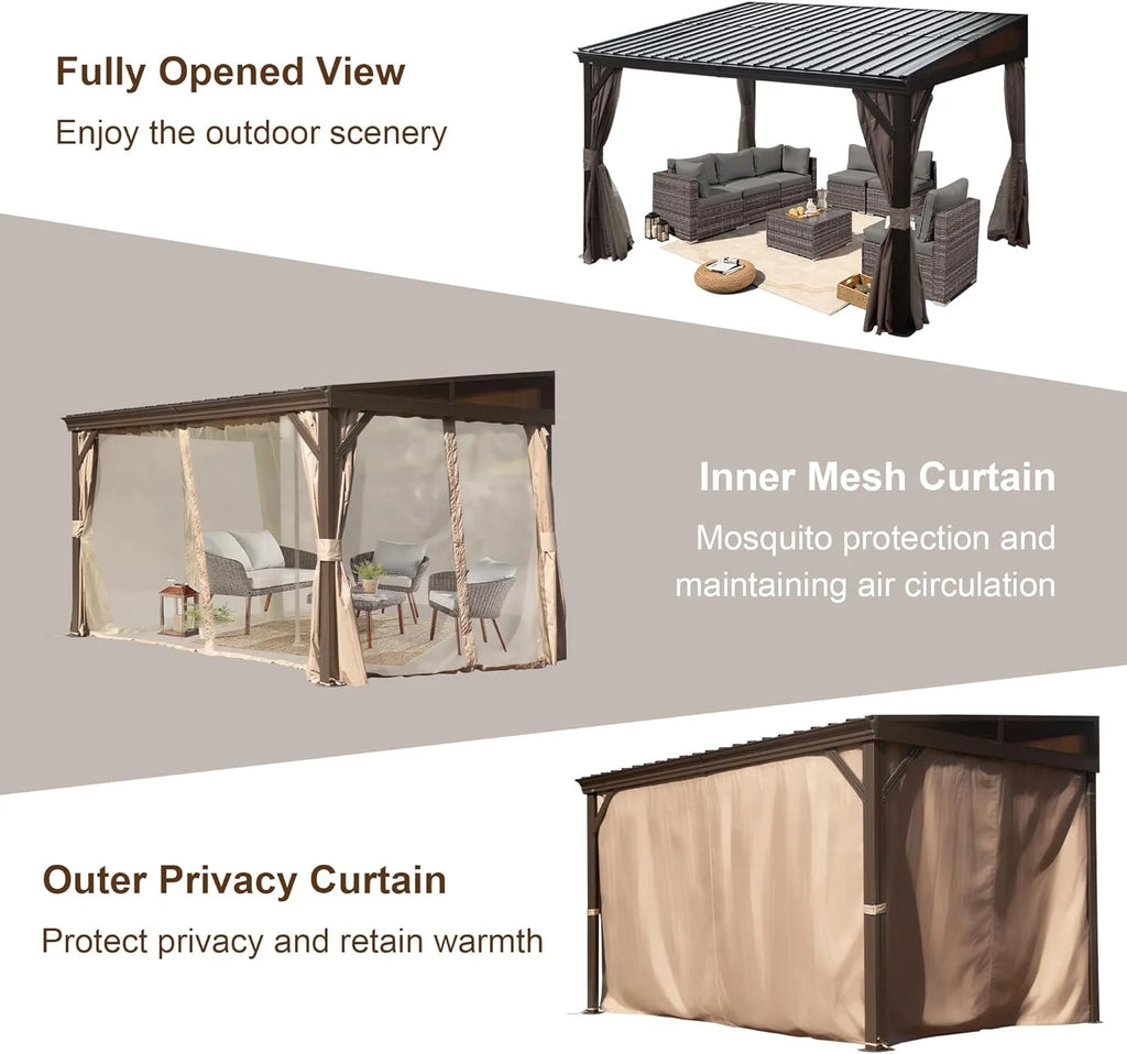 TOTAL Outdoor 10'x12' All-Season Sunroom Gazebo with Steel Roof, PVC Screen, Front & Side Door, Brown