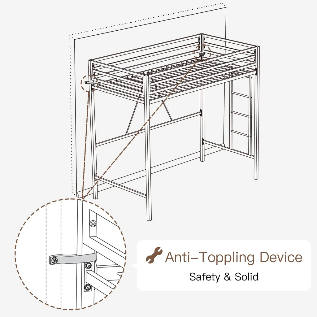 Einfach Metal Twin Size Loft Bed with Removable Ladder & Full-Length Guardrail, White