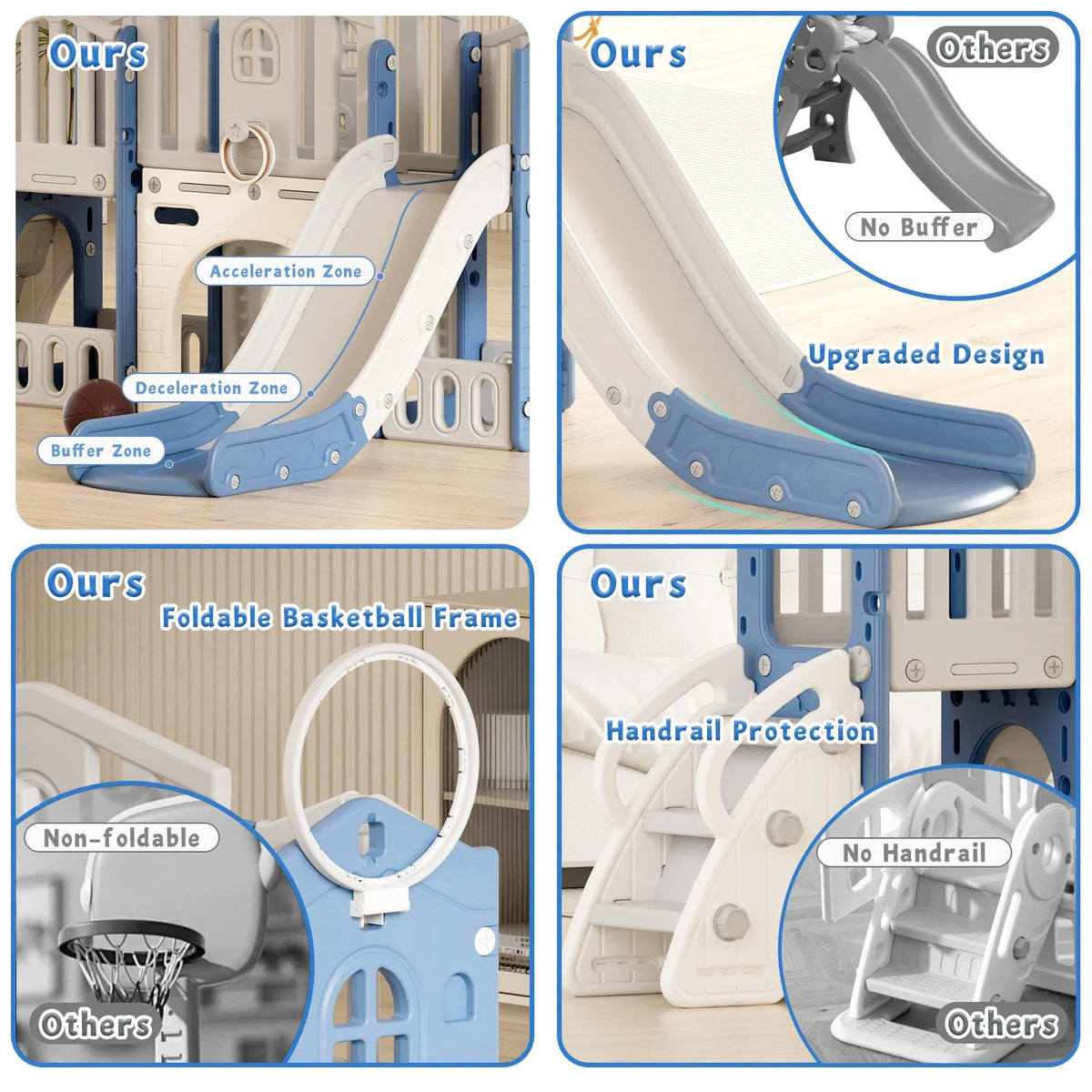 KORIMEFA 9 in 1 Kids Toddler Slide Set, Toddler Climber Slide for Age 1-3 with Basketball Hoop & Ball, Indoor Outdoor Playground Slide, Blue