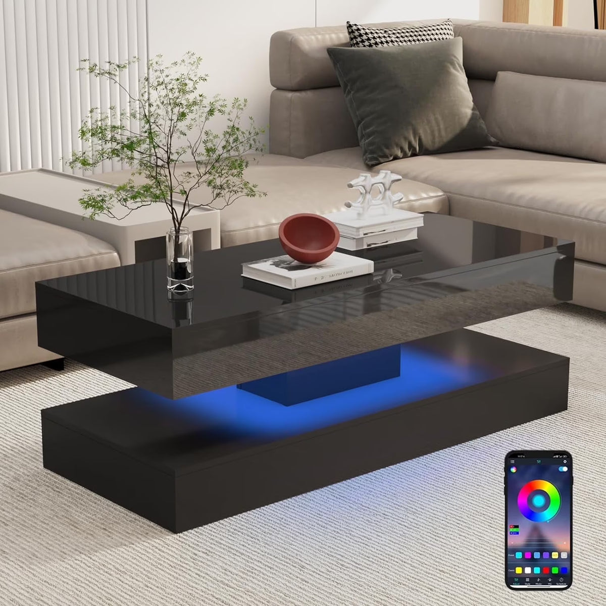 ChVans Large Black LED Coffee Table with 2 Storage Drawers, Modern High Gloss Coffee Table w/20 Colors LED Lights/APP Control, 2 Tiers Rectangle Large Living Room Furniture w/Marbling Print(47.3")