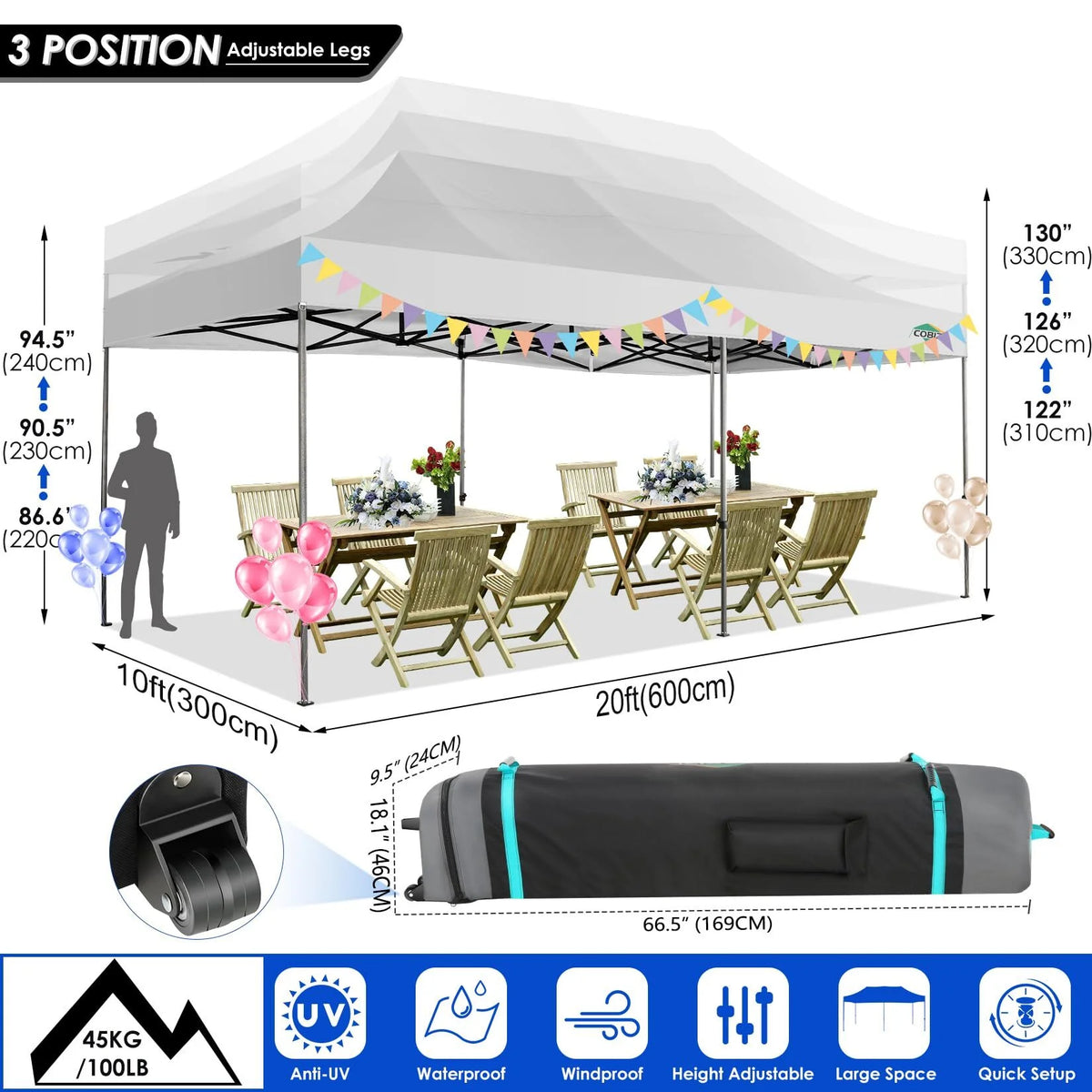 COBIZI 10x15ft Pop up Canopy, Heavy Duty Party Canopy Waterproof Commercial for Outdoor,Black