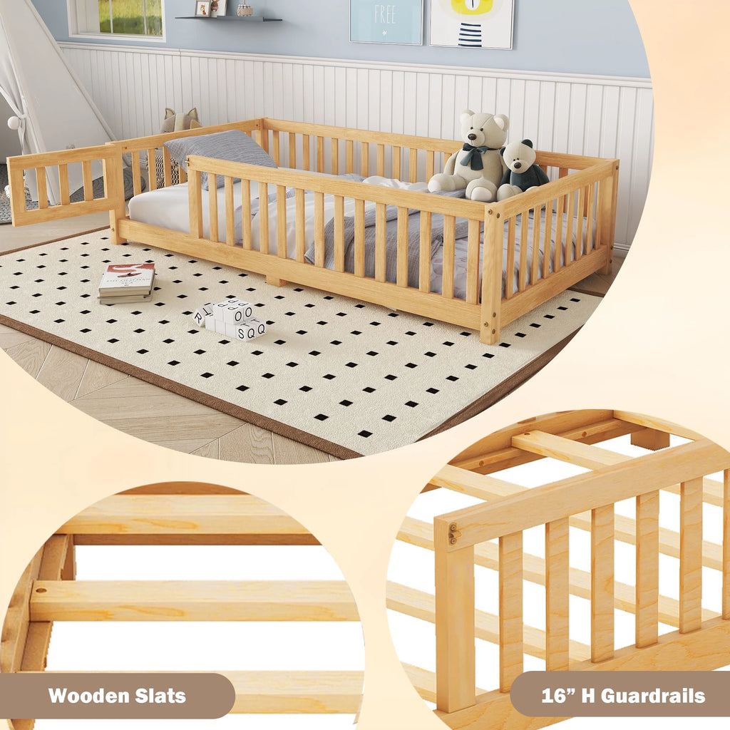 Bellemave Full Size Floor Bed with Door and Fence Floor Bed with Bed Slats Sturdy Wood Floor Bed Montessori Bed Frame (Full, Pink)
