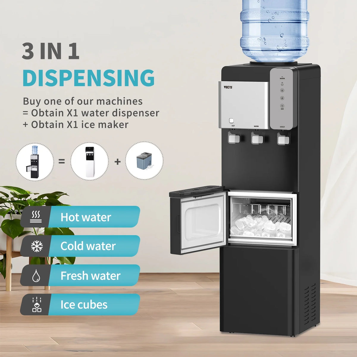 VECYS Ice Maker Water Dispenser, 27LBS Daily Ice & Child Lock
