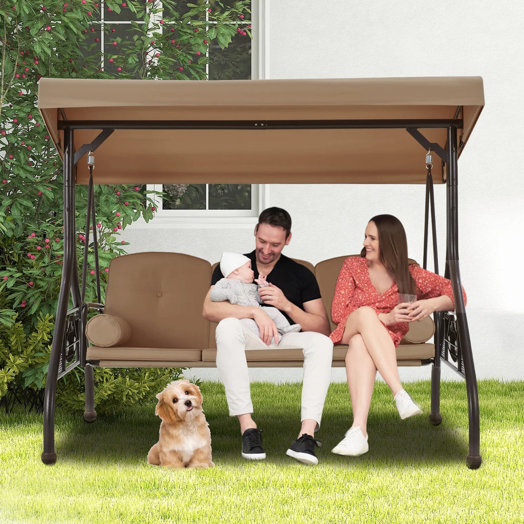 Homrest 3 Seat Outdoor Porch Swing with Adjustable Canopy, Cushions, and Cup Holder - Wine Red