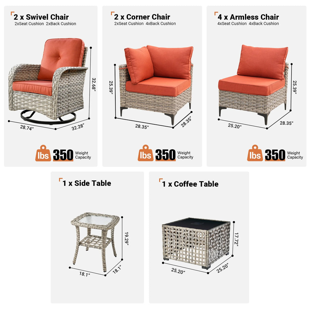Vcatnet Outdoor Patio Furniture Sets 10 Pieces Sectional Sofa Wicker Conversation Set with Swivel Glider Chairs and Solar Powered Coffee Table for Porch,Backyard,Gray