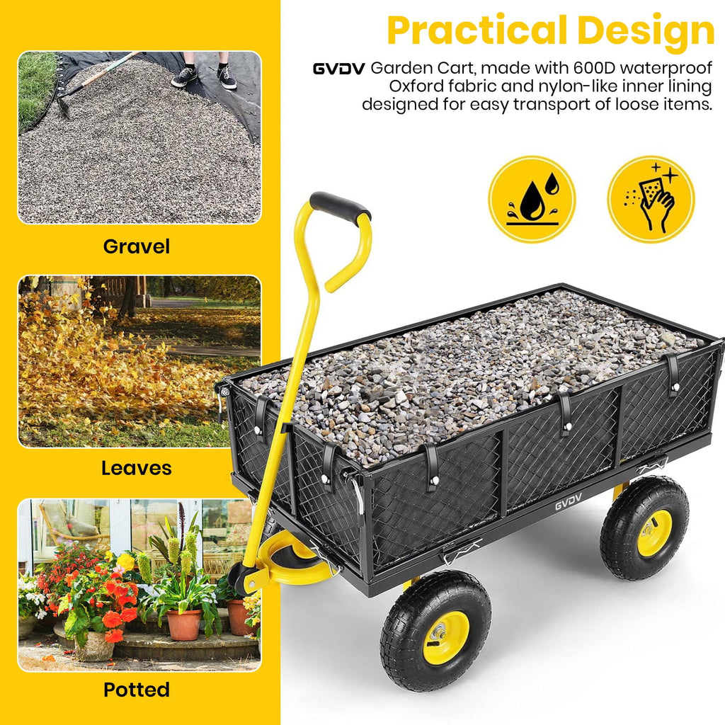 GVDV Heavy Duty Steel Garden Cart with Liner, 660lbs Capacity, 3 Cu ft, 10" All-Terrain Wheels, Black/Yellow Durable Utility Cart for Yard Work, Hauling, and Outdoor Use