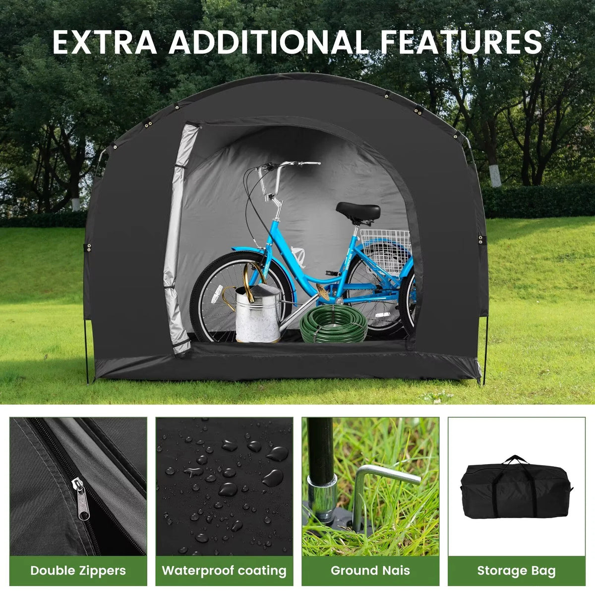 NAIZEA Large Bike Storage Tent, 47" Depth Storage for 6 Bikes Waterproof Outdoor Bicycle Cover, Lawn Mower Garden Tools Shed, Backyard Storage Room Tent Shelter W/Fixing Peg & Rop