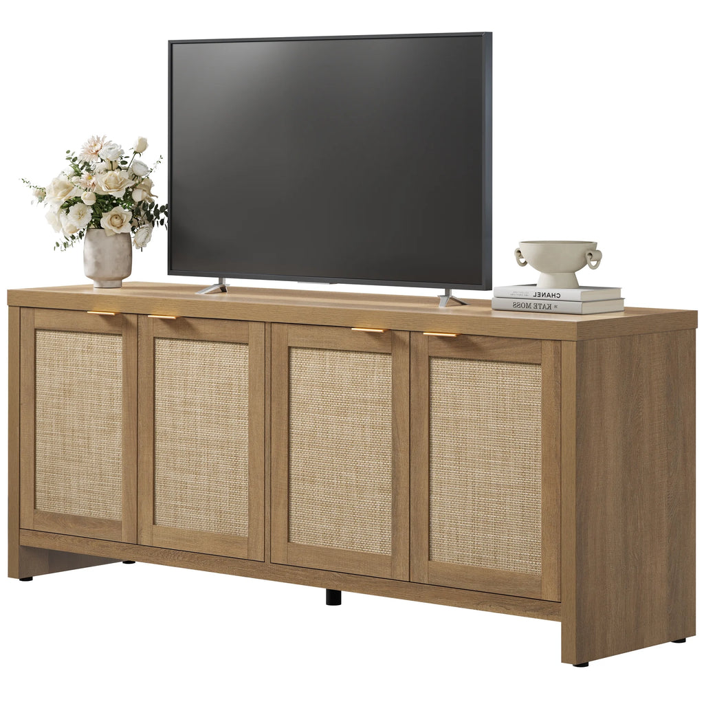 SICOTAS 61.5"W Rattan TV Stand with 4 Doors, Boho Entertainment Center with Adjustable Shelves & Spacious Countertop Large Boho Farmhouse Media Console for Living Room, Reclaimed Caramel Oak