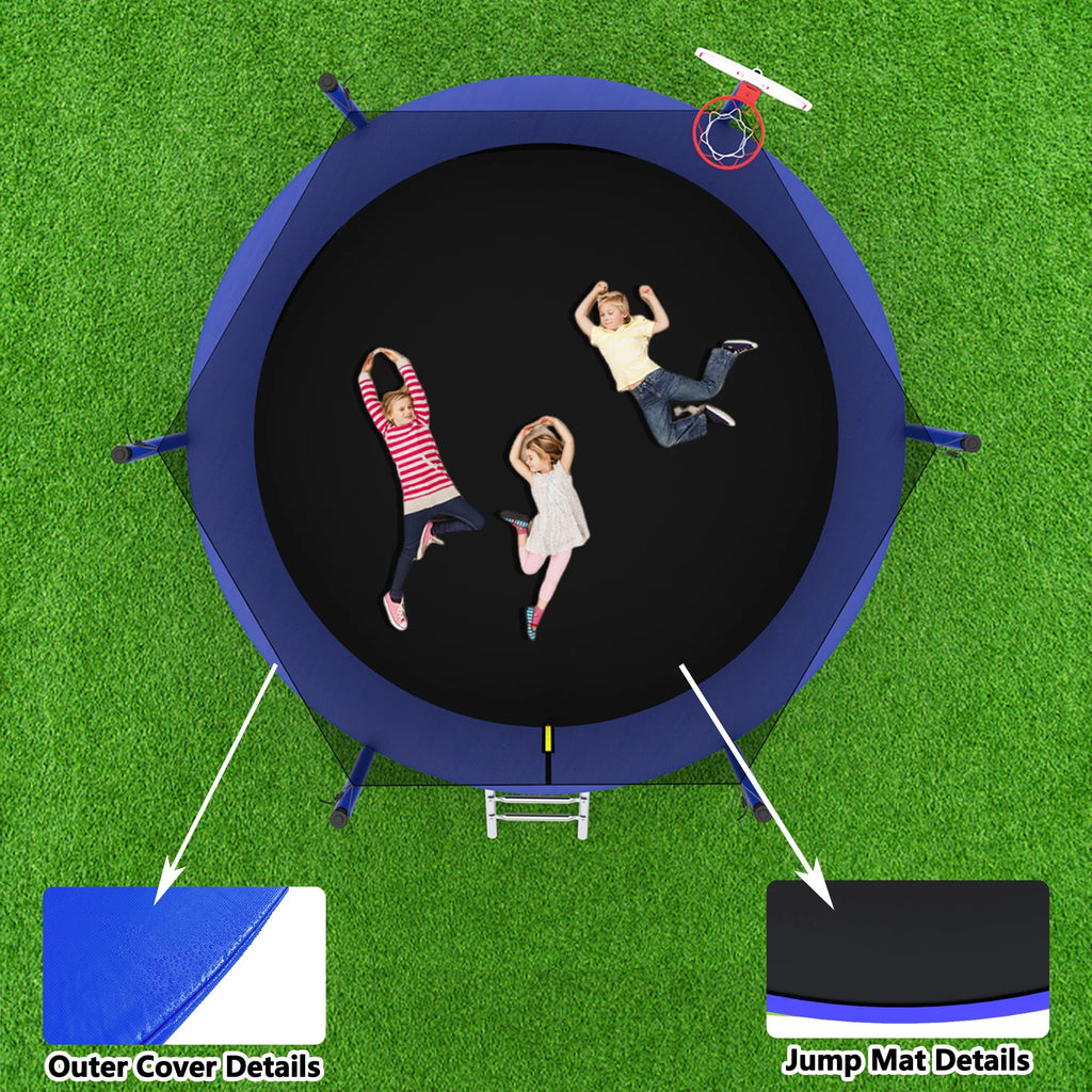 8FT Trampoline for Kids,Outdoor Trampoline with Basketball Hoop,Heavy-Duty Trampoline with Safety Enclosure Net,Blue