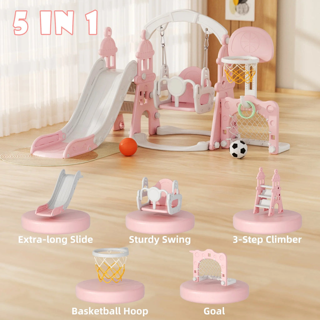 KORIMEFA 6-in-1 Kids Slide and Swing Set - Perfect for Toddlers 1-6 Years - Indoor and Outdoor Playground Slide, Swing, Basketball Hoop, and Climber Toy