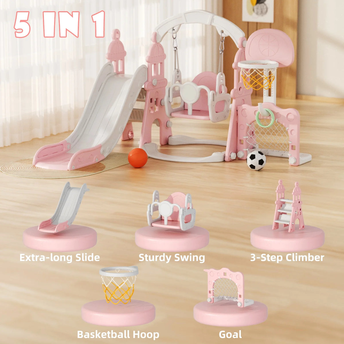 KORIMEFA 6-in-1 Kids Slide and Swing Set - Perfect for Toddlers 1-6 Years - Indoor and Outdoor Playground Slide, Swing, Basketball Hoop, and Climber Toy