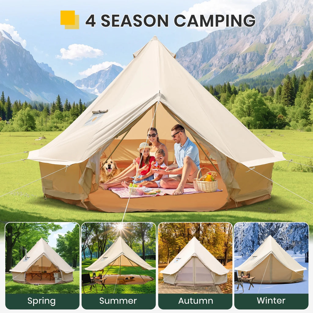 Canvas Bell Yurt Tent, 4-Seasons Shelter with Stove Jack & Waterproof, Luxury Camping Tent for Family Outdoor Adventures, 6-8 Person Use