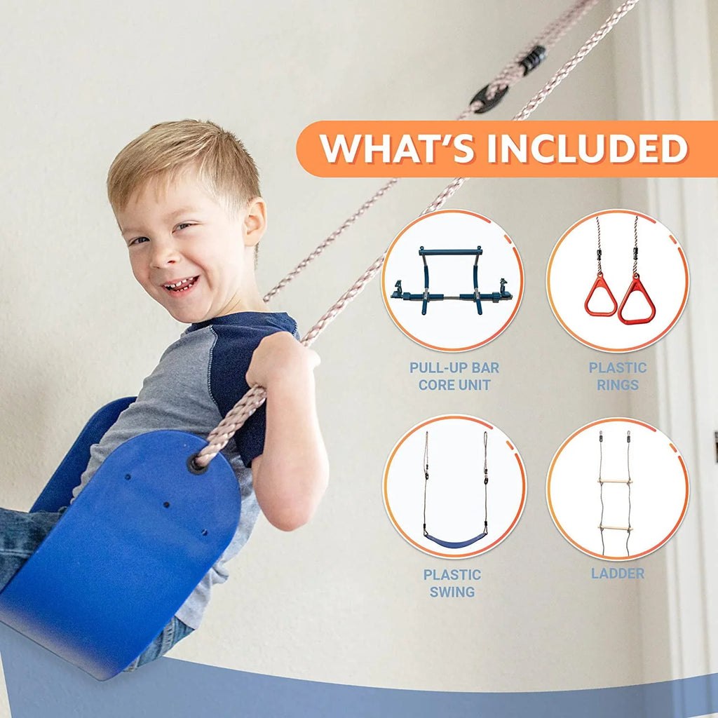 Gym1 - Deluxe Indoor Doorway Gym for Kids Playground Set - All in One Gym Set - Four Ways of Fun: Blue Indoor Swing, Plastic Rings, Climbing Ladder, and Pull Up Bar
