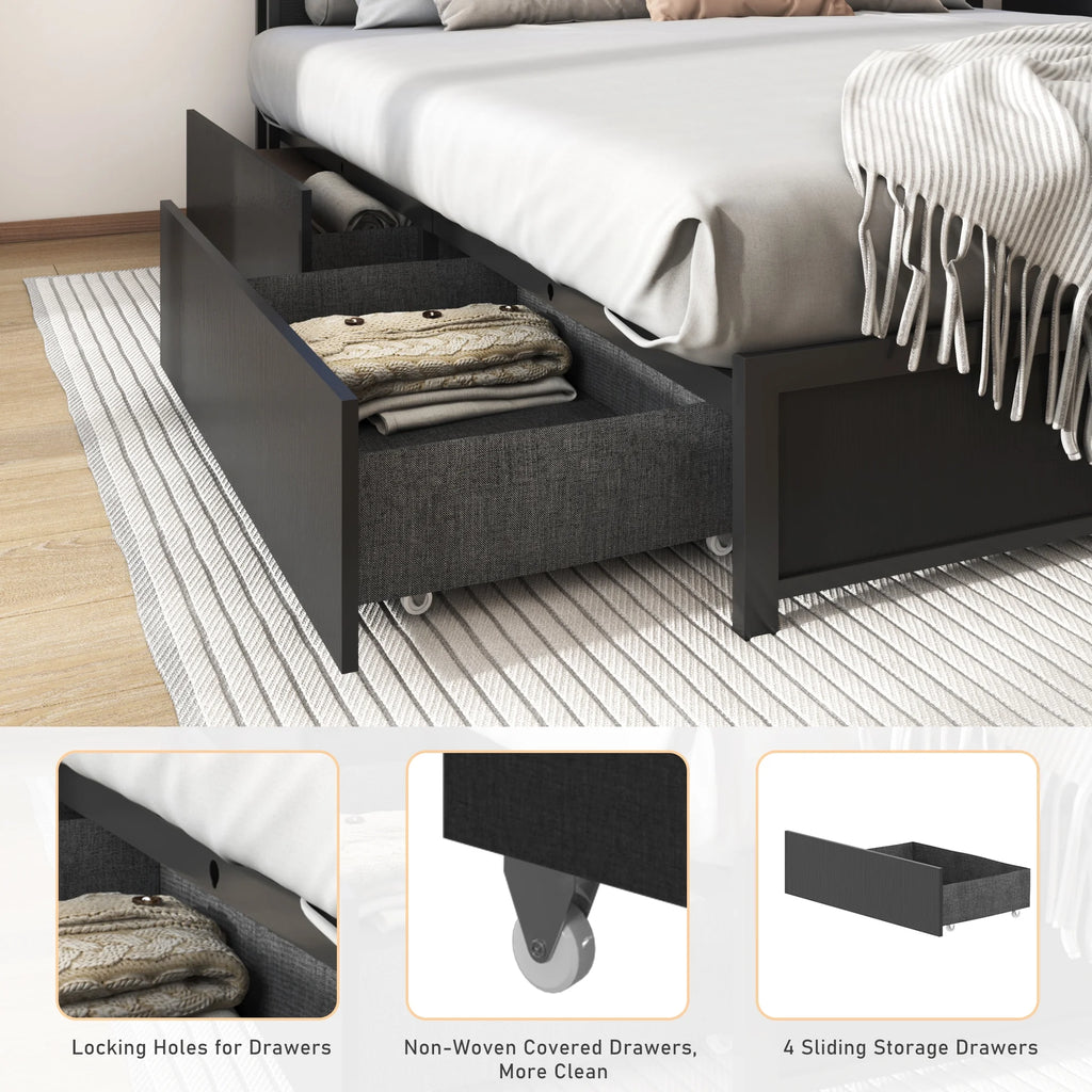 LED Full Bed Frame with Storage Headboard & 4 Drawers, Industrial Metal Platform Bed with Power Charging Station & USB Ports