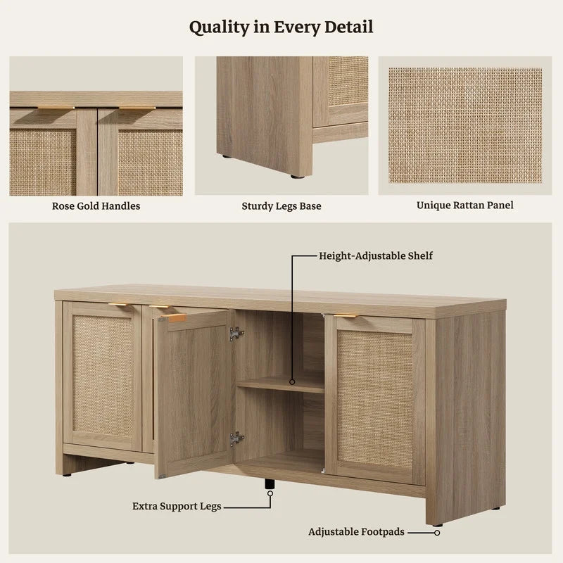 SICOTAS 61.5"W Rattan TV Stand with 4 Doors, Boho Entertainment Center with Adjustable Shelves & Spacious Countertop Large Boho Farmhouse Media Console for Living Room, Reclaimed Caramel Oak