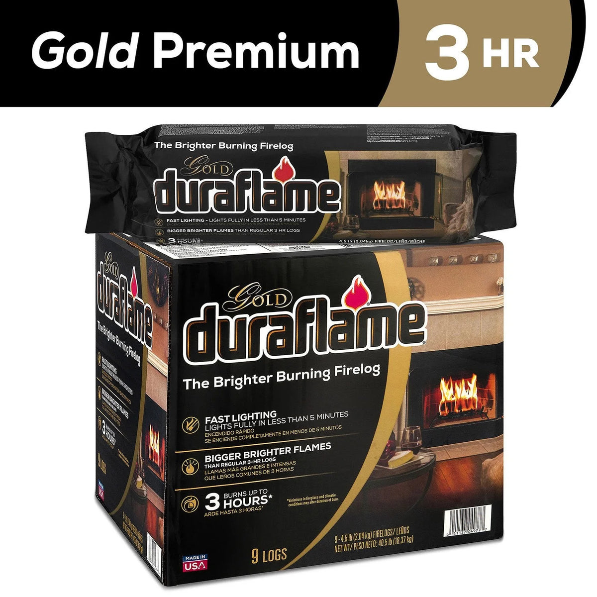 Duraflame Gold Ultra-Premium 4.5 lb Firelogs 9-Pack Case, Pack of 5, Long-Lasting 3-Hour Burn, Clean and Convenient Indoor or Outdoor Fireplace Logs