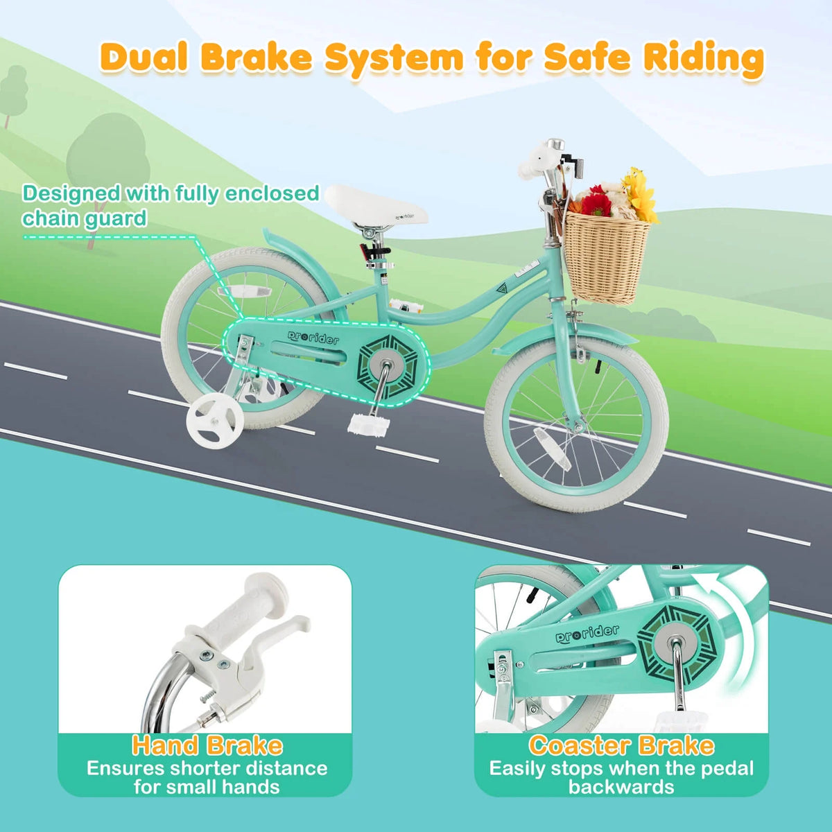 Prorider 16" Kid’s Bike with Training Wheels Adjustable Handlebar Seat Handbrake Pink