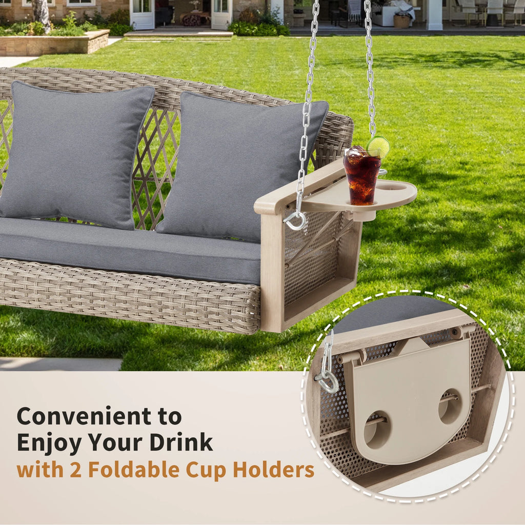 Homrest 3-Person Porch Swing 55in Wicker Hanging Swing Bench with Cushions and Cupholders for Deck, Garden and Backyard, Beige