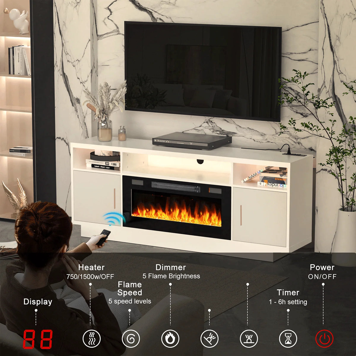 BREEZEHEAT Electric Fireplace TV Stand-70 inch TV Stand with 36" Electric Fireplace-Living Room Tv Cabinet with Storage for TVs Up to 80"-Led Entertainment Center Modern Media Console (Black)