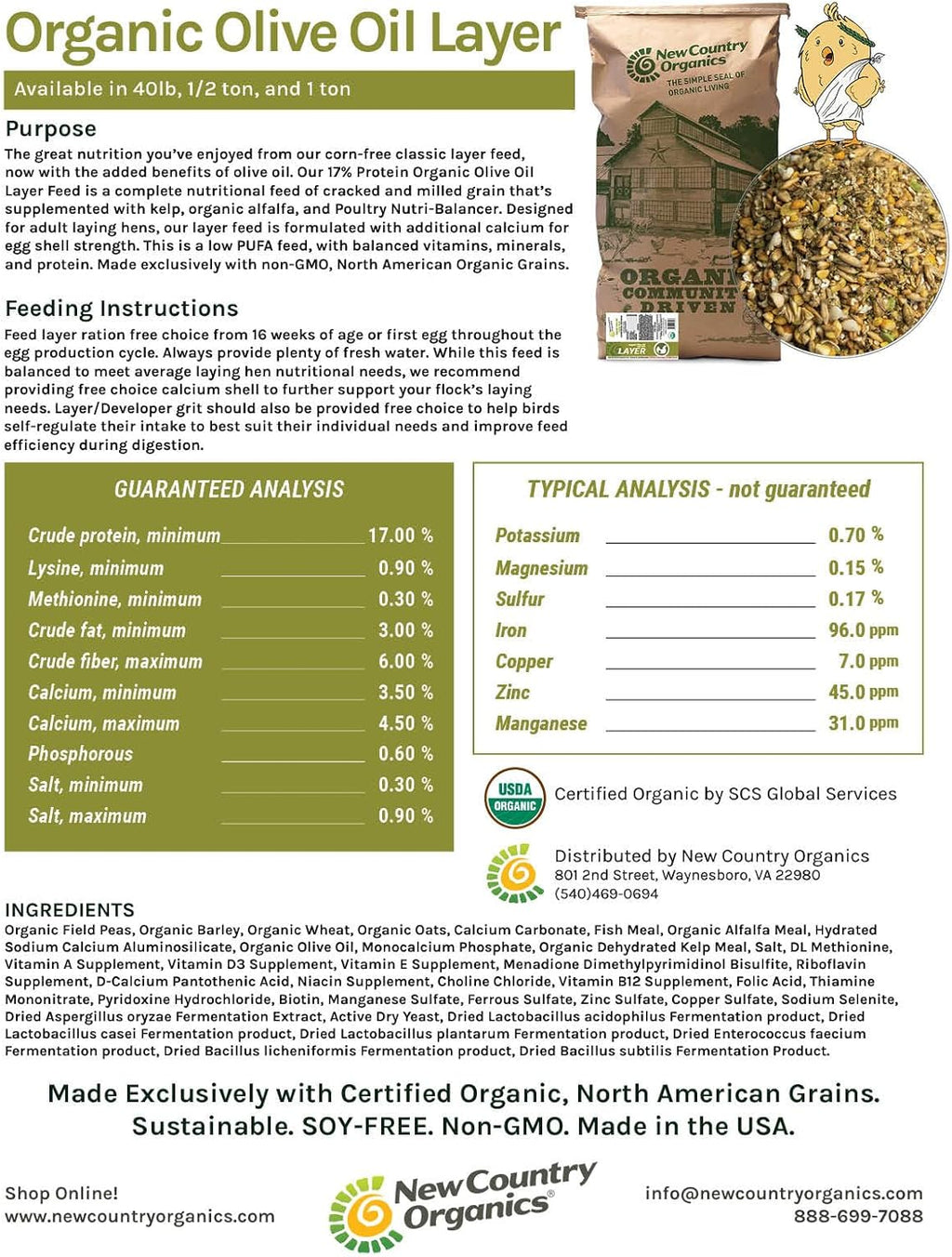 New Country Organics I Organic Olive Oil Layer Feed for Laying Hens | Corn-Free, Soy-Free | 17% Protein | High Omega-3 Chicken Feed | Organic Chicken Layer Food for Healthy Eggs & Hens | 40 lbs