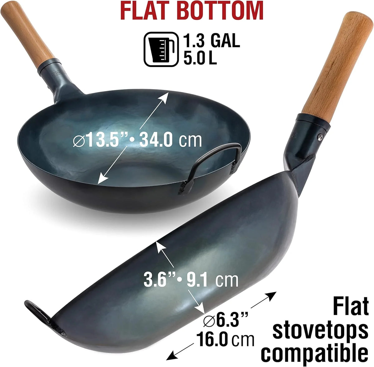 YOSUKATA 13.5" Carbon Steel Wok Pan Pre-Seasoned Flat Bottom Wok for Stir Fry, BBQ & Camping Works with Induction, Gas, Electric & Open Fire
