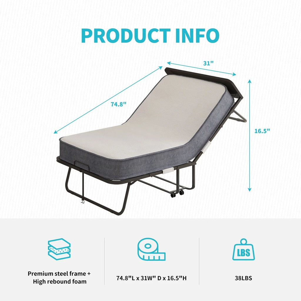 CECER Folding Bed with 5-inch Thick Mattress and Headboard|31" Width Twin Size Portable Bed|Space Saving Foldable Bed with High Resilient Foam Mattress|Foldable Metal Bed Frame with 4 Lockable Wheels