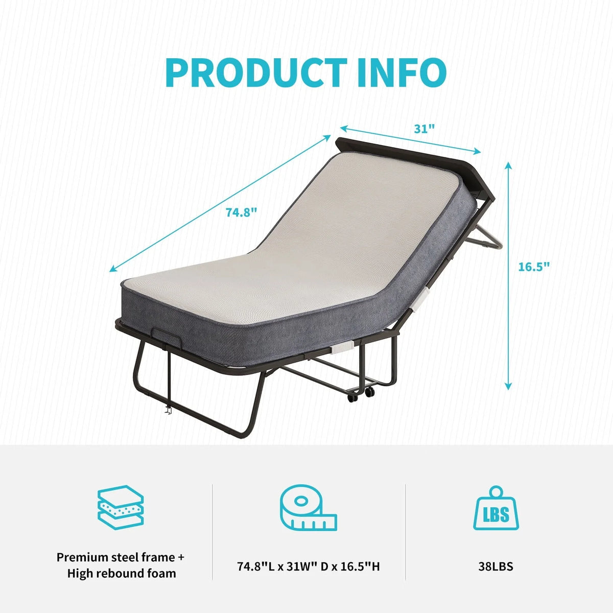 CECER Folding Bed with 5-inch Thick Mattress and Headboard|31" Width Twin Size Portable Bed|Space Saving Foldable Bed with High Resilient Foam Mattress|Foldable Metal Bed Frame with 4 Lockable Wheels