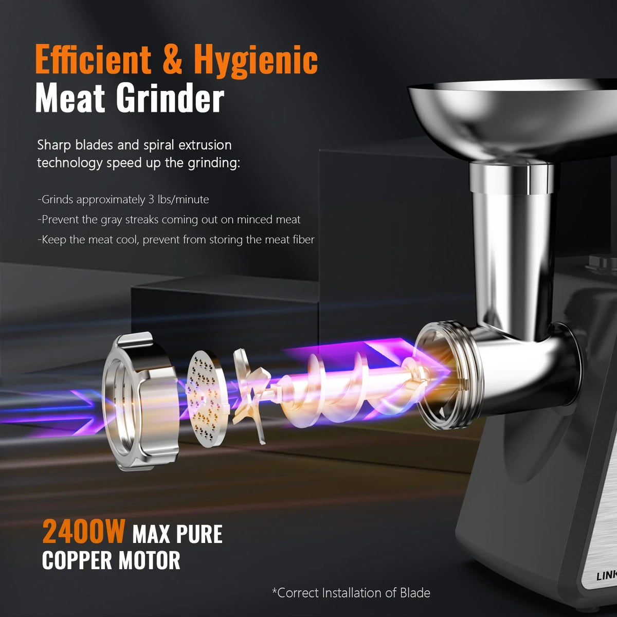 LINKChef Meat Grinder, 2 Adjustable Speed 2400W Max Electric Meat Grinders for Home use, Sausage Stuffer, ETL Approved(Black)