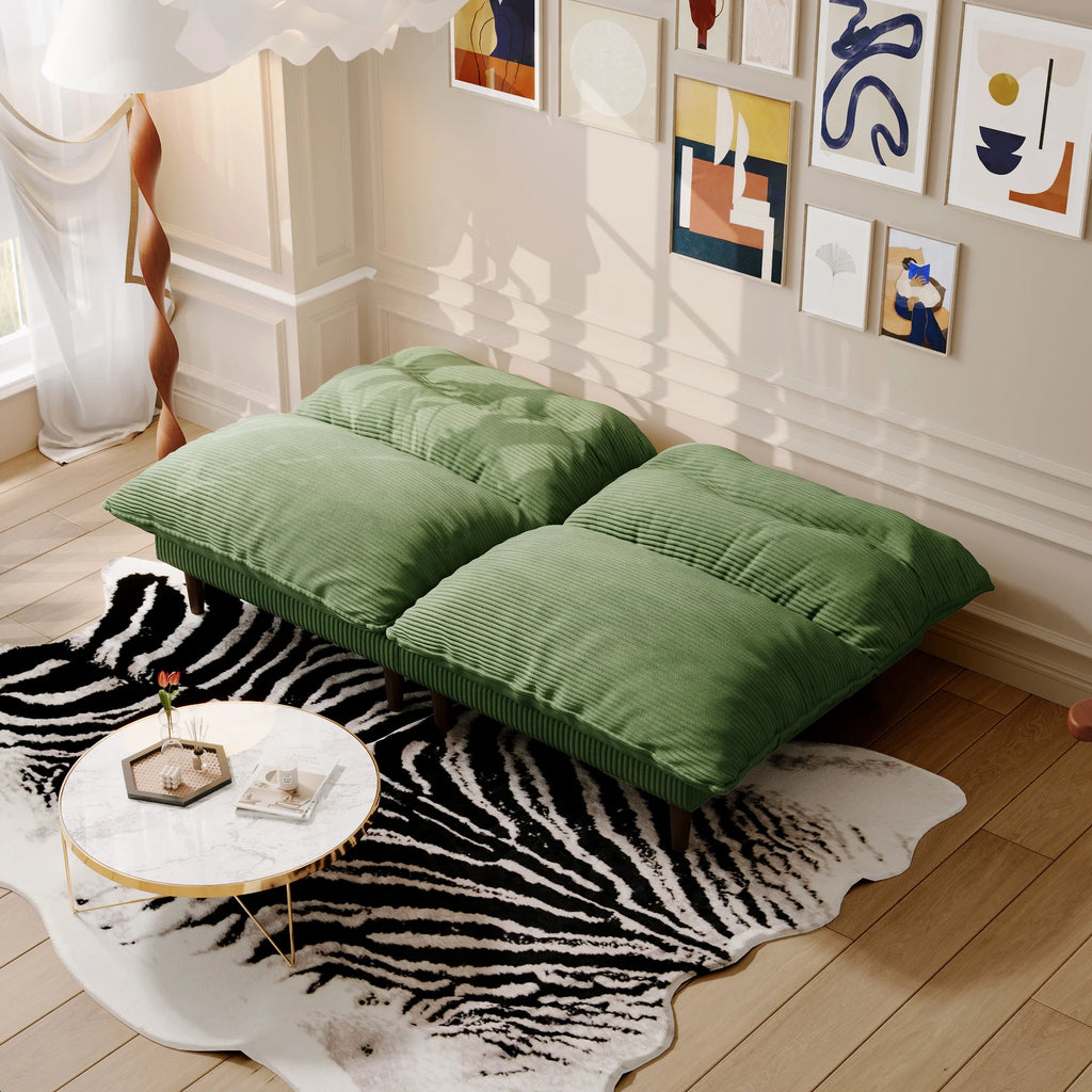 75" 4-in-1 Corduroy Futon Couch - Convertible to Lounger, Tatami & 2 Chairs, 3-Angle Adjustable Backrest, Solid Wood Frame, 300 LBS Capacity,Green